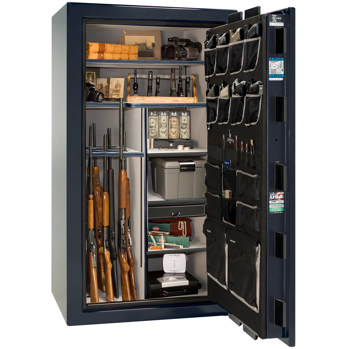 Premium interior of the Liberty Magnum 40 gun safe paired with the Blue gloss finish, featuring adjustable shelving, door organizer, long gun storage, and deluxe interior configuration.
