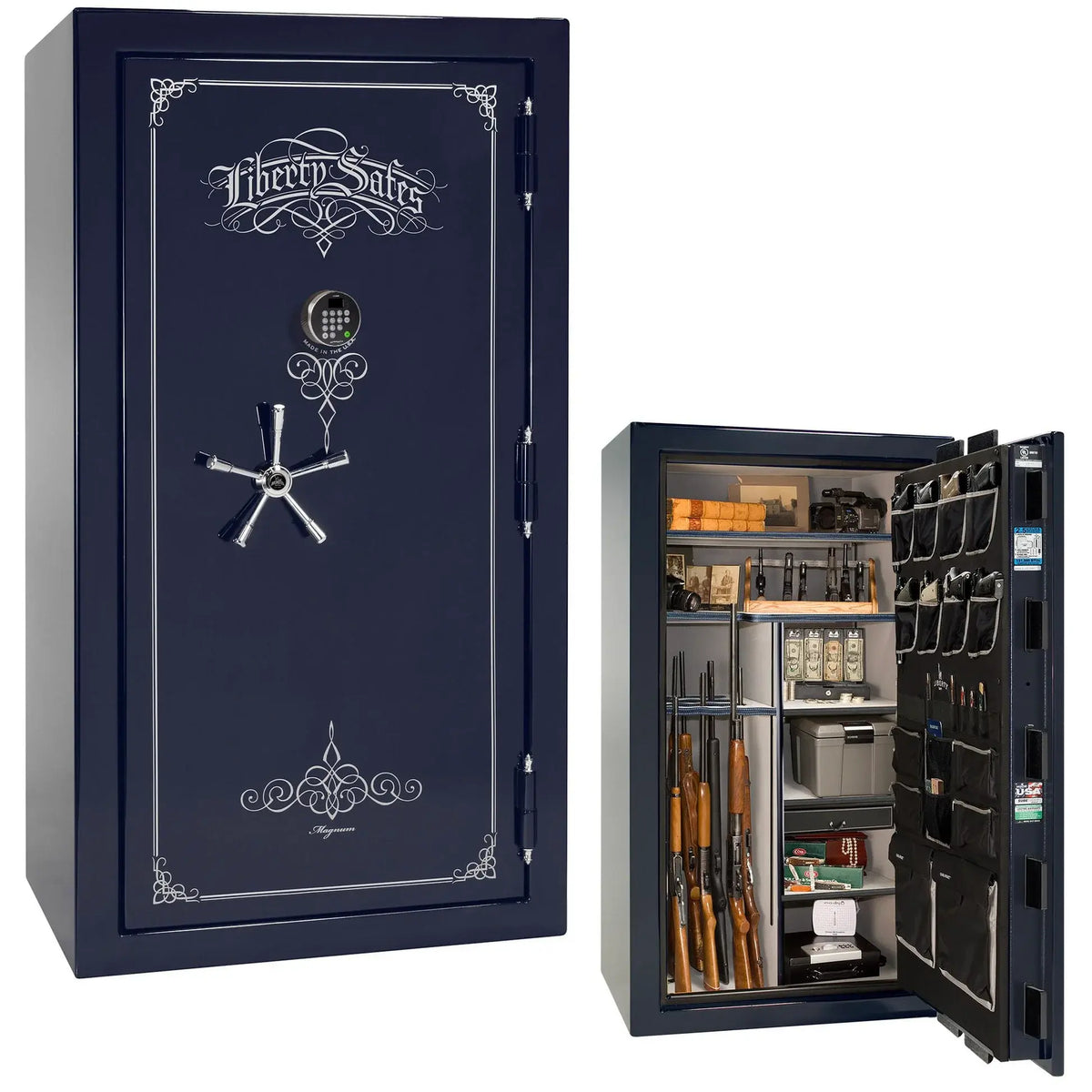 Liberty Magnum 40 gun safe in Blue gloss finish with chrome hardware and premium interior.