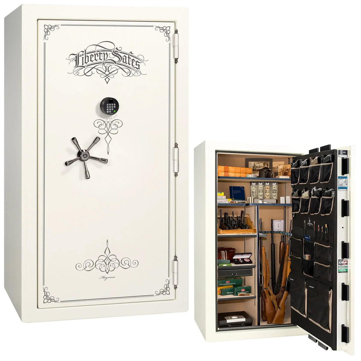 Liberty Magnum 40 gun safe in White marble finish with black chrome hardware and premium interior.