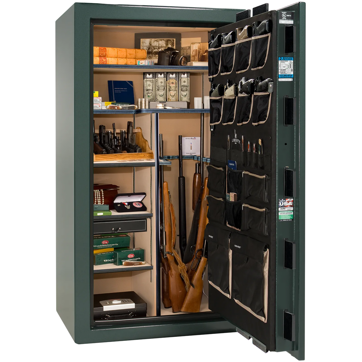 Premium interior of the Liberty Magnum 40 gun safe paired with the Green marble finish, featuring adjustable shelving, door organizer, long gun storage, and deluxe interior configuration.