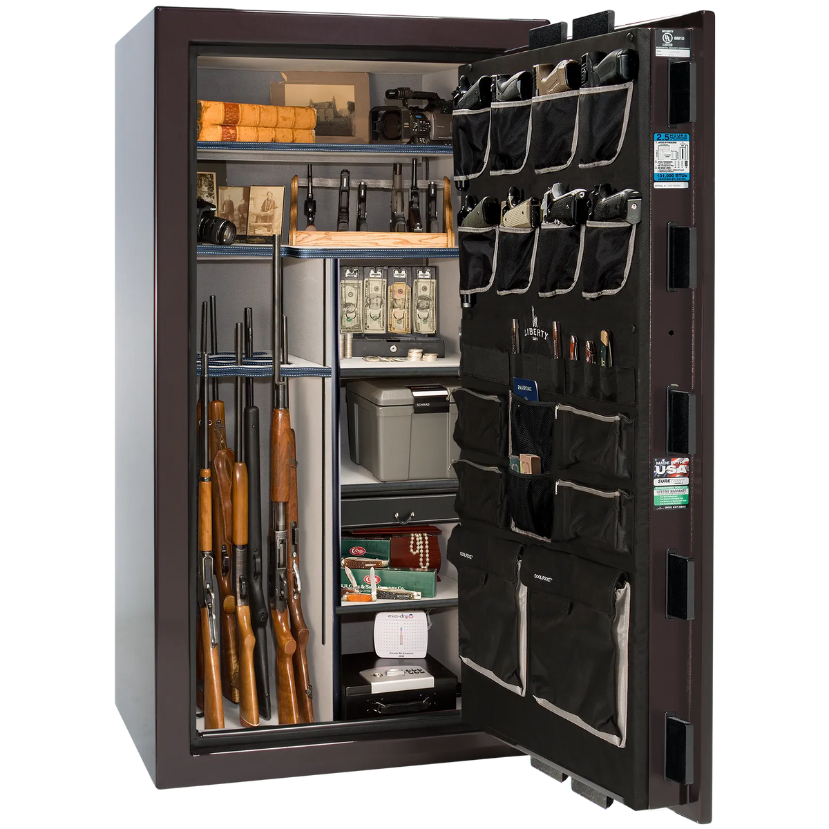 Premium interior of the Liberty Magnum 40 gun safe paired with the Black Cherry gloss finish, featuring adjustable shelving, door organizer, long gun storage, and deluxe interior configuration.