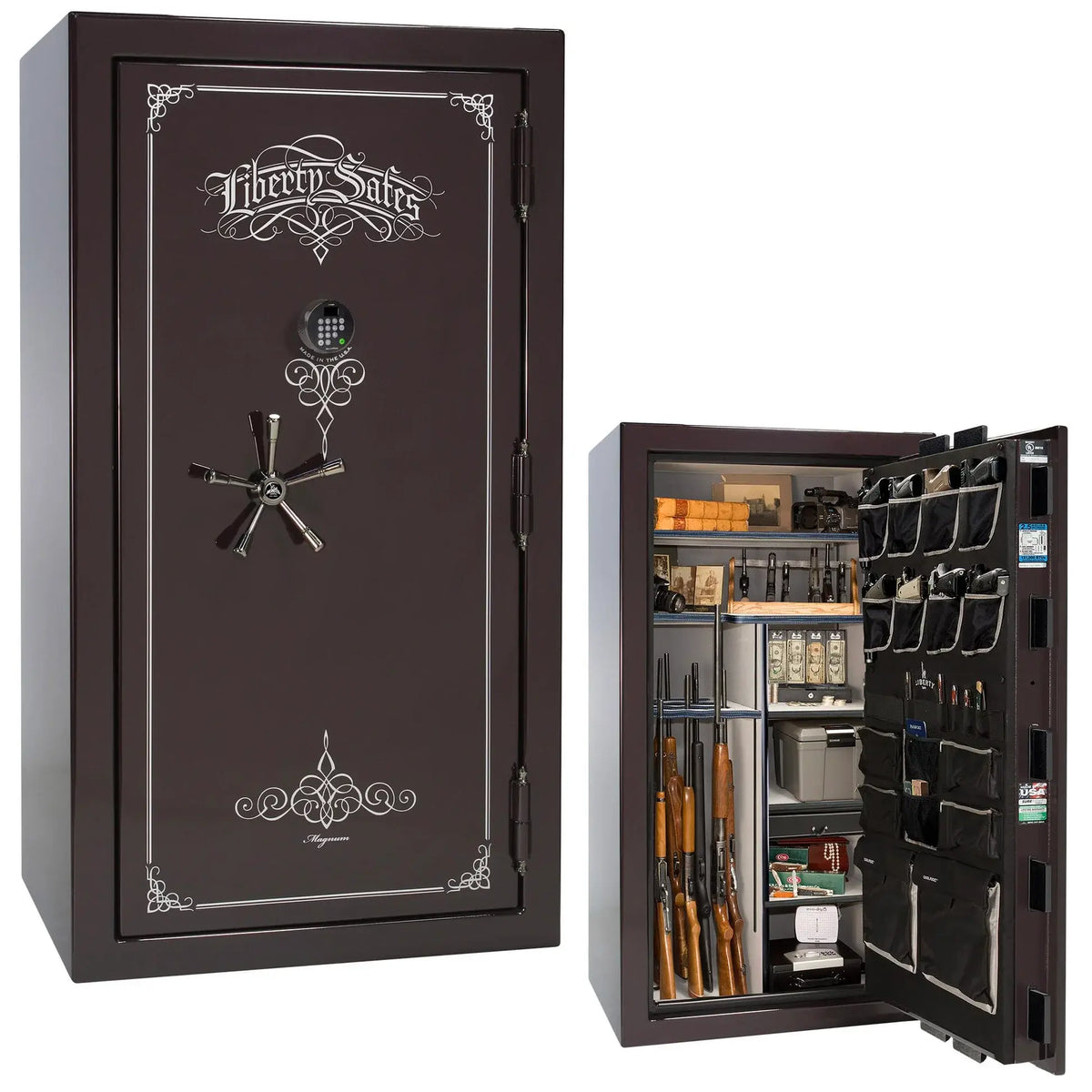 Liberty Magnum 40 gun safe in Black Cherry gloss finish with black chrome hardware and premium interior.