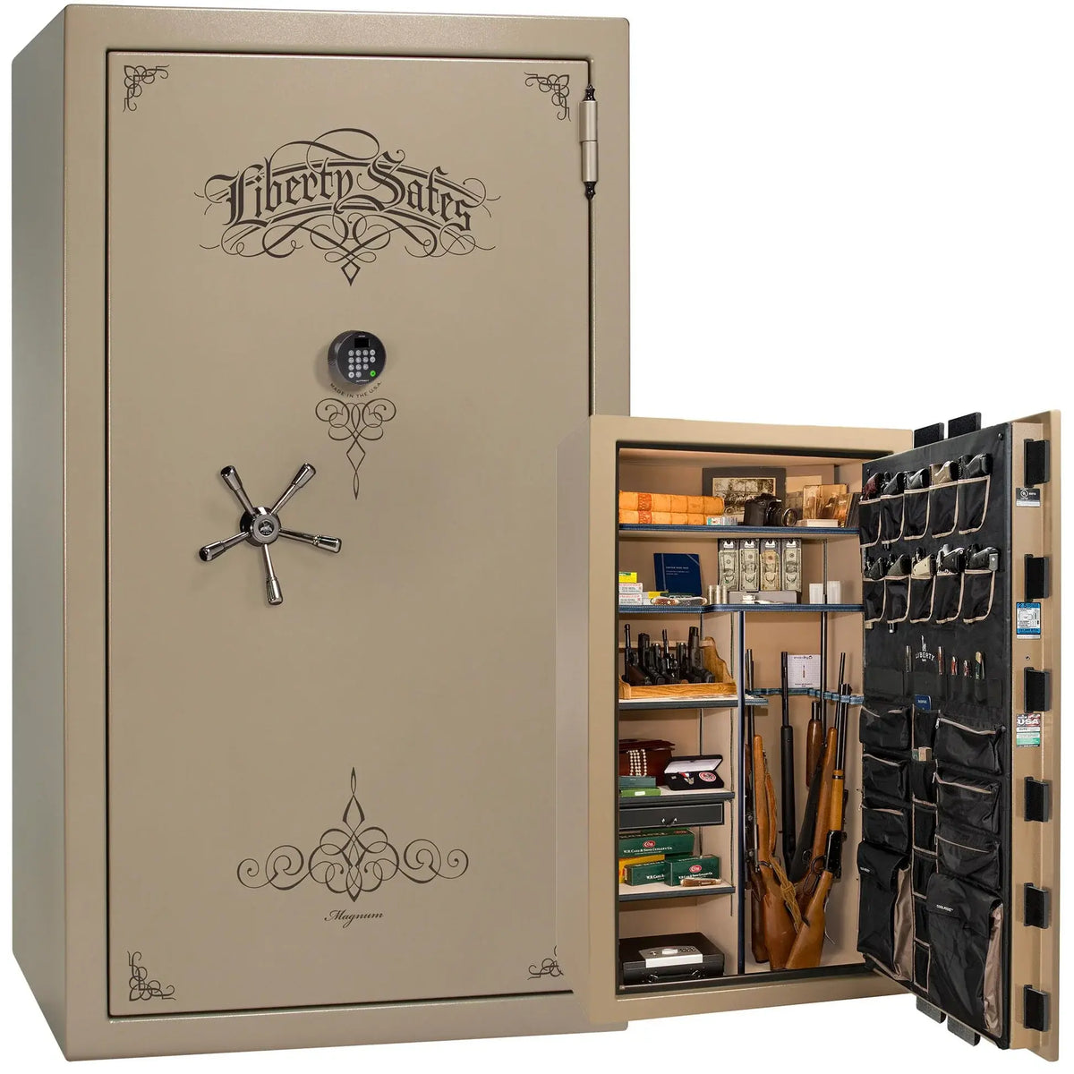 Liberty Magnum 50 gun safe in Champagne marble finish with black chrome hardware and premium interior.