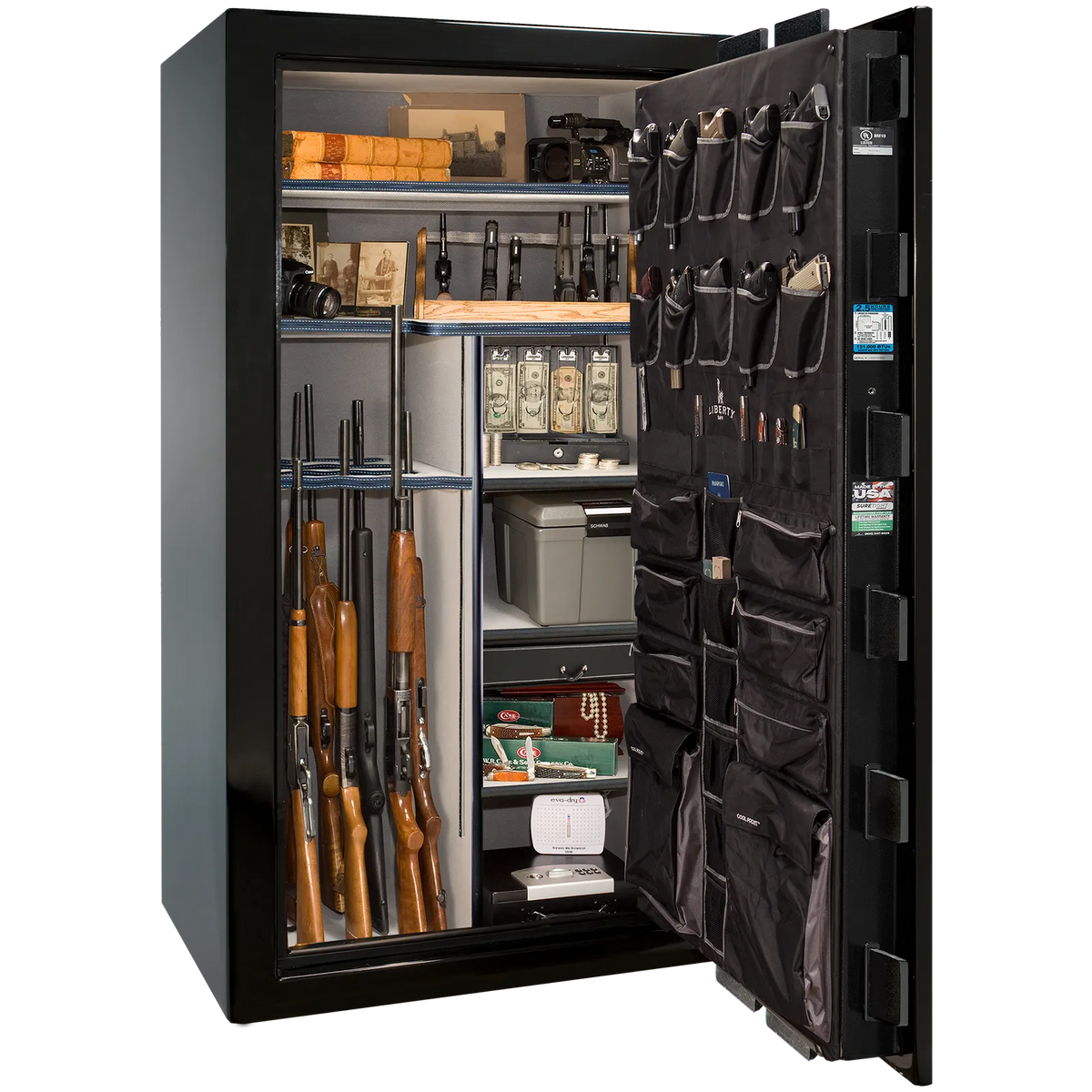 Premium interior of the Liberty Magnum 50 gun safe paired with the Black Mirror gloss finish, featuring adjustable shelving, door organizer, long gun storage, and deluxe interior configuration.