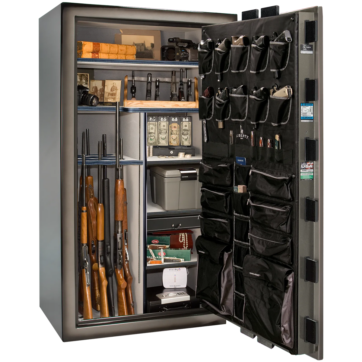 Premium interior of the Liberty Magnum 50 gun safe paired with the Gray Charcoal feathered edge finish, featuring adjustable shelving, door organizer, long gun storage, and deluxe interior configuration.