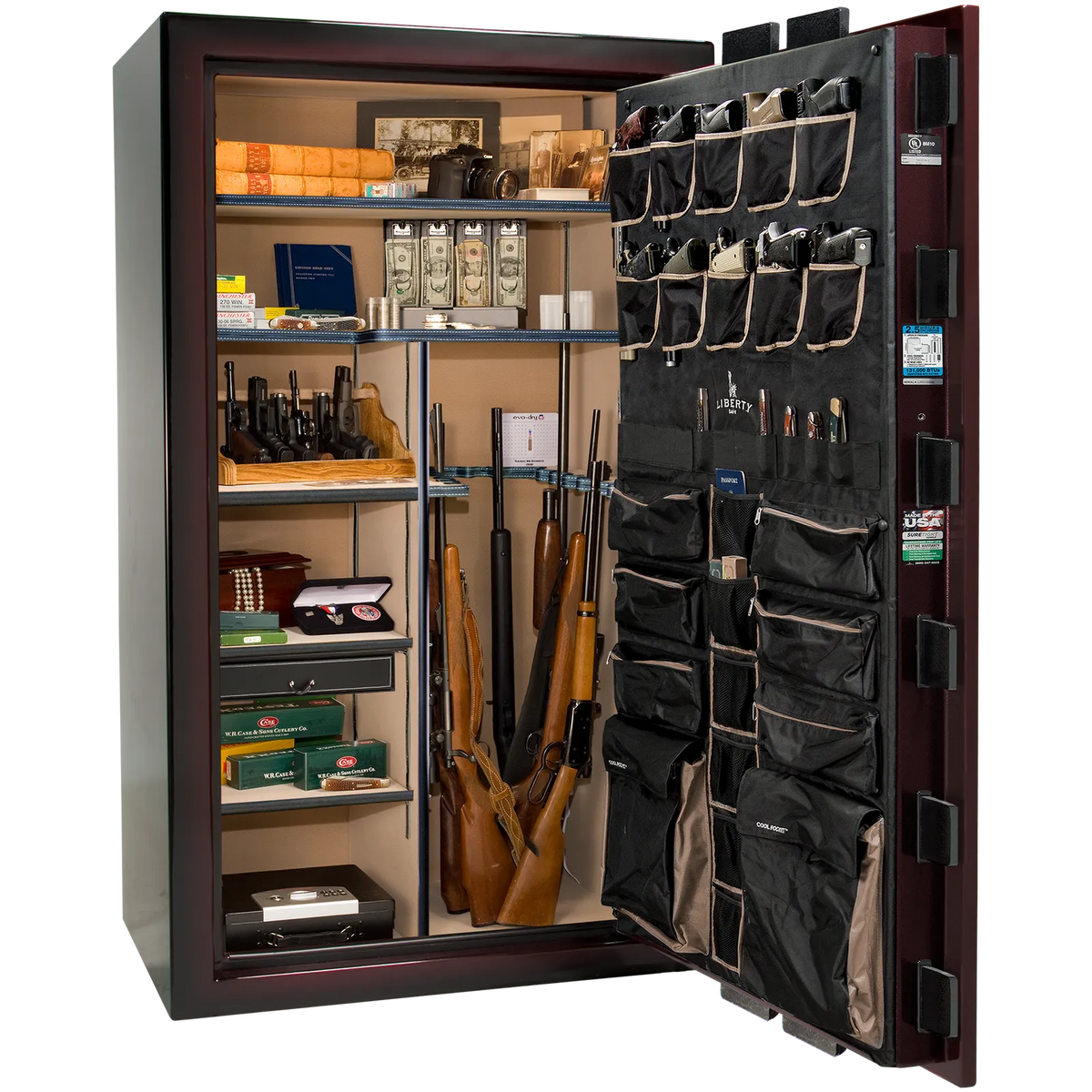 Premium interior of the Liberty Magnum 50 gun safe paired with the Burgundy Metallic feathered edge finish, featuring adjustable shelving, door organizer, long gun storage, and deluxe interior configuration.