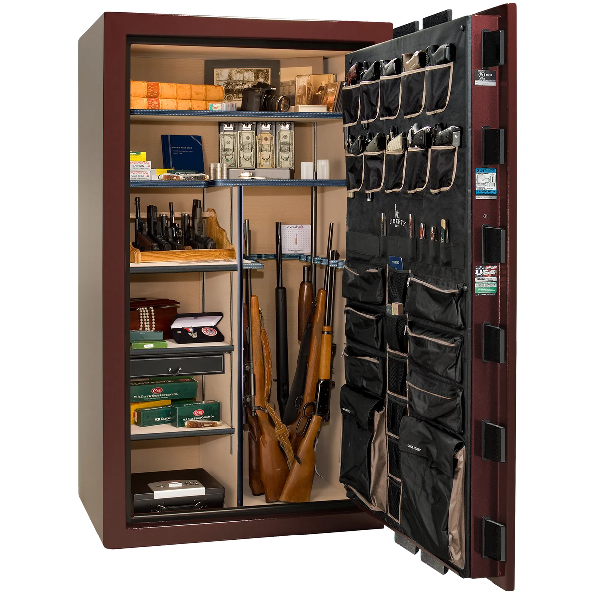 Premium interior of the Liberty Magnum 50 gun safe paired with the Burgundy marble finish, featuring adjustable shelving, door organizer, long gun storage, and deluxe interior configuration.