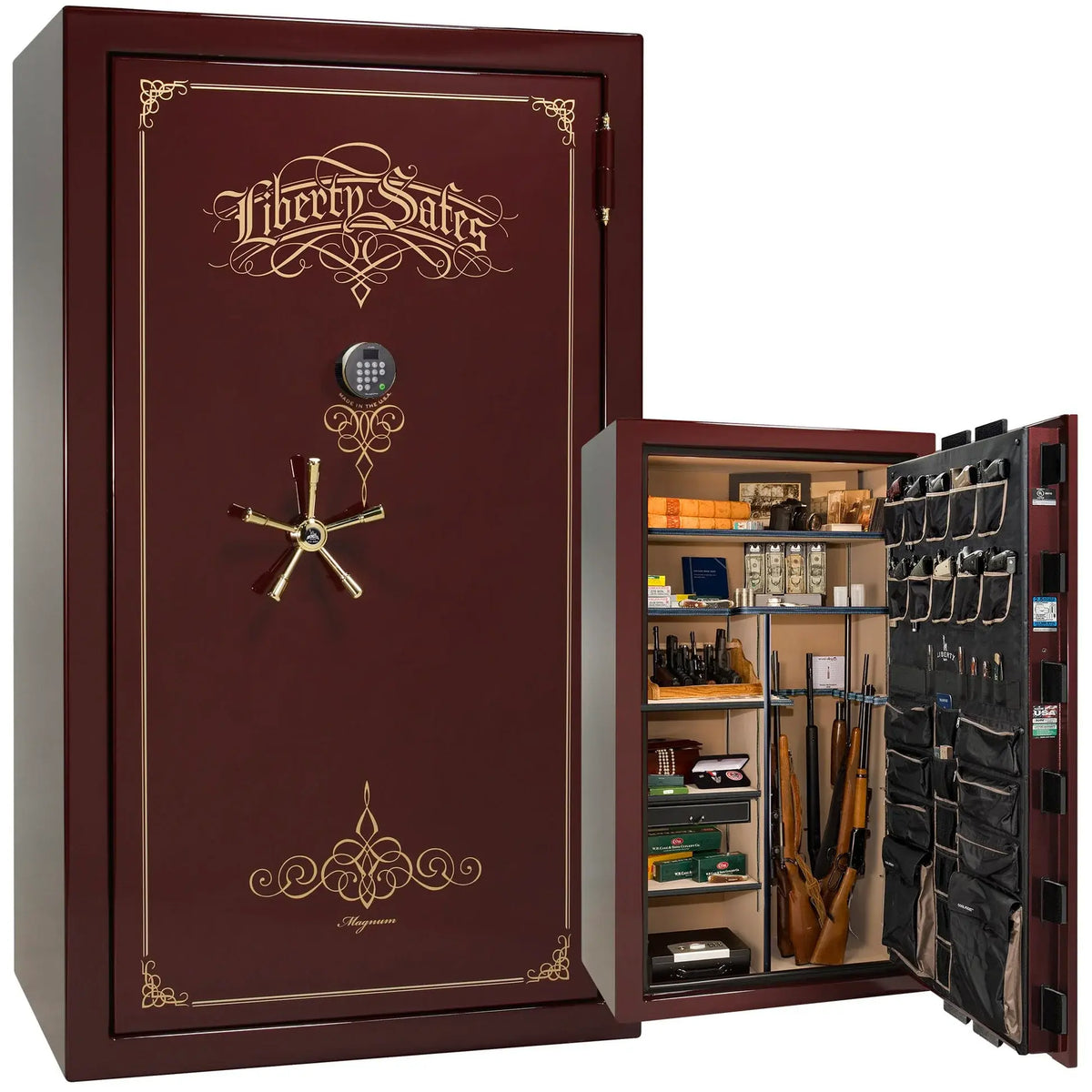 Liberty Magnum 50 gun safe in Burgundy gloss finish with brass hardware and premium interior.