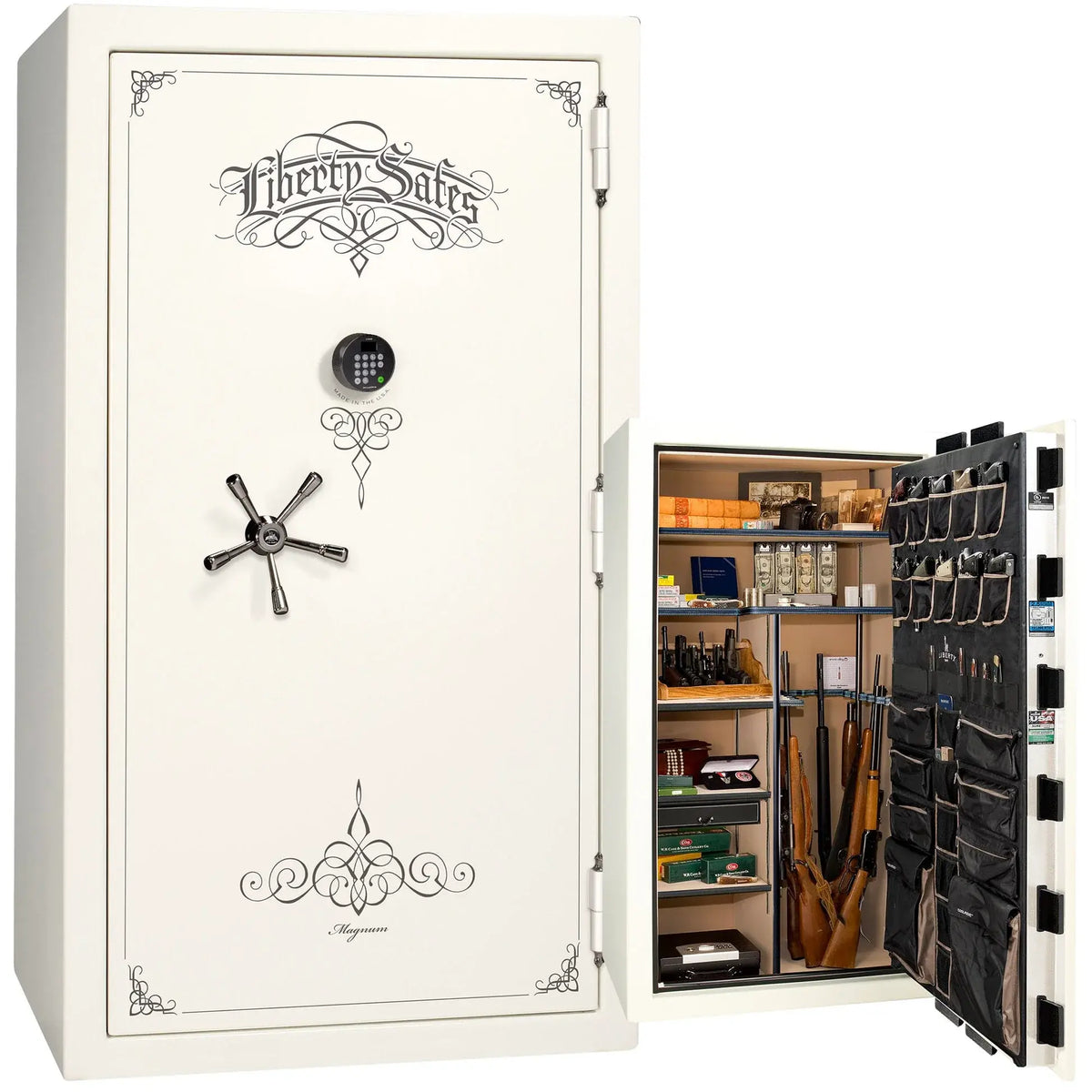 Liberty Magnum 50 gun safe in White marble finish with black chrome hardware and premium interior.