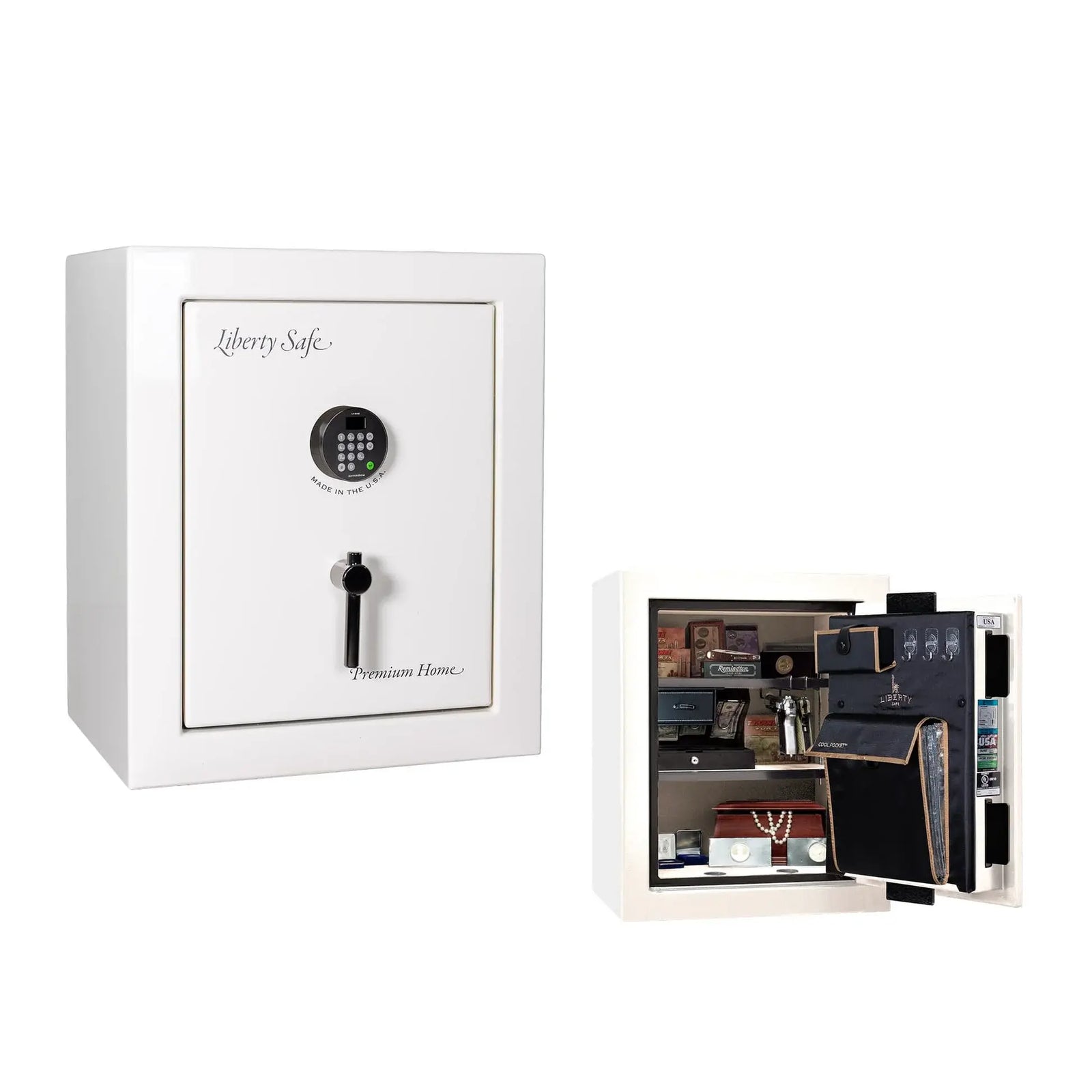 Liberty Premium Home 08 safe in White Marble with Black Chrome hardware and Dormakaba 702D electronic lock.