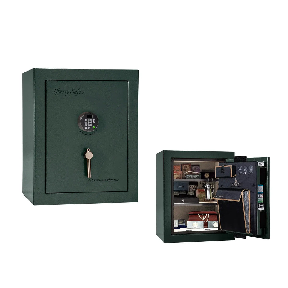 Liberty Premium Home 08 safe in Green Marble with Black Chrome hardware and Dormakaba 702D electronic lock.