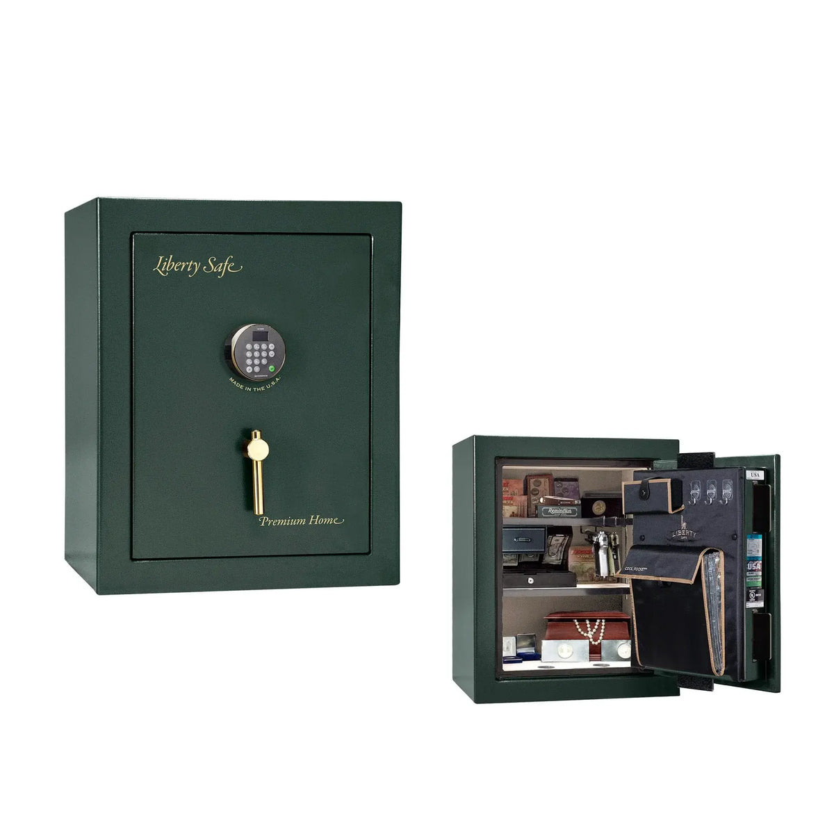 Liberty Premium Home 08 safe in Green Marble with Brass hardware and Dormakaba 702D electronic lock.