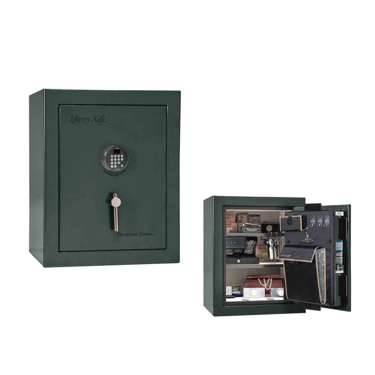 Liberty Premium Home 08 safe in Green Gloss with Black Chrome hardware and Dormakaba 702D electronic lock.