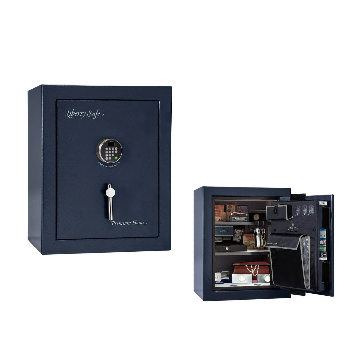 Liberty Premium Home 08 safe in Blue Gloss with Chrome hardware and Dormakaba 702D electronic lock.
