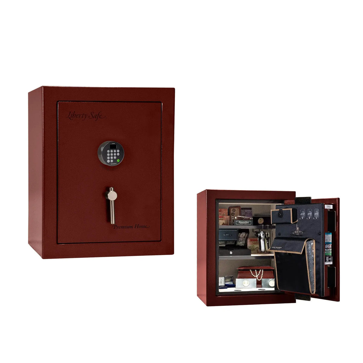 Liberty Premium Home 08 safe in Burgundy Marble with Black Chrome hardware and Dormakaba 702D electronic lock.