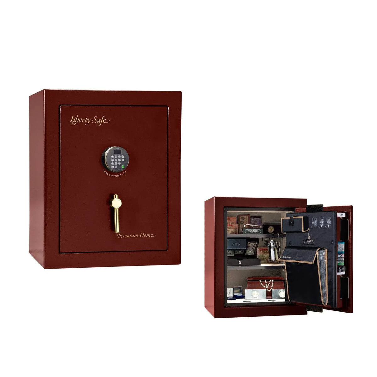 Liberty Premium Home 08 safe in Burgundy Marble with Brass hardware and Dormakaba 702D electronic lock.