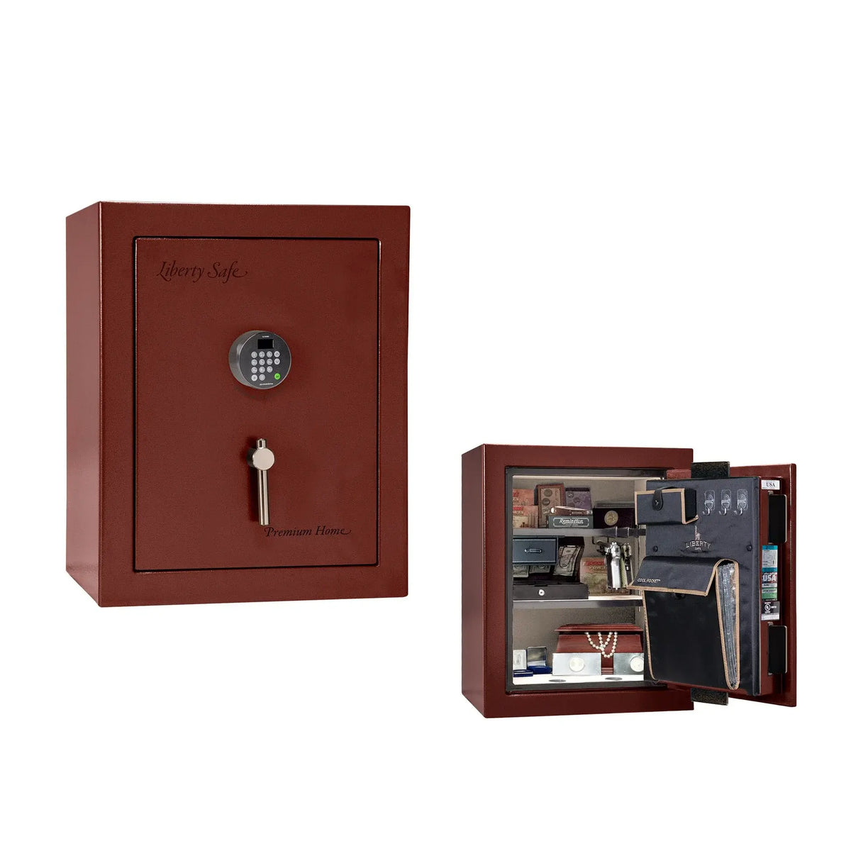 Liberty Premium Home 08 safe in Burgundy Gloss with Black Chrome hardware and Dormakaba 702D electronic lock.