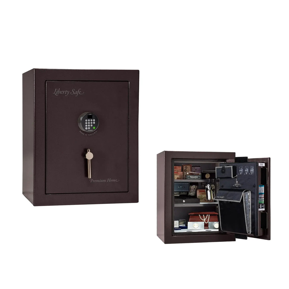 Liberty Premium Home 08 safe in Black Cherry Gloss with Black Chrome hardware and Dormakaba 702D electronic lock.