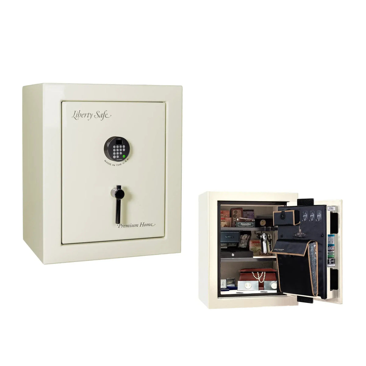Liberty Premium Home 08 safe in White Gloss with Black Chrome hardware and Dormakaba 702D electronic lock.
