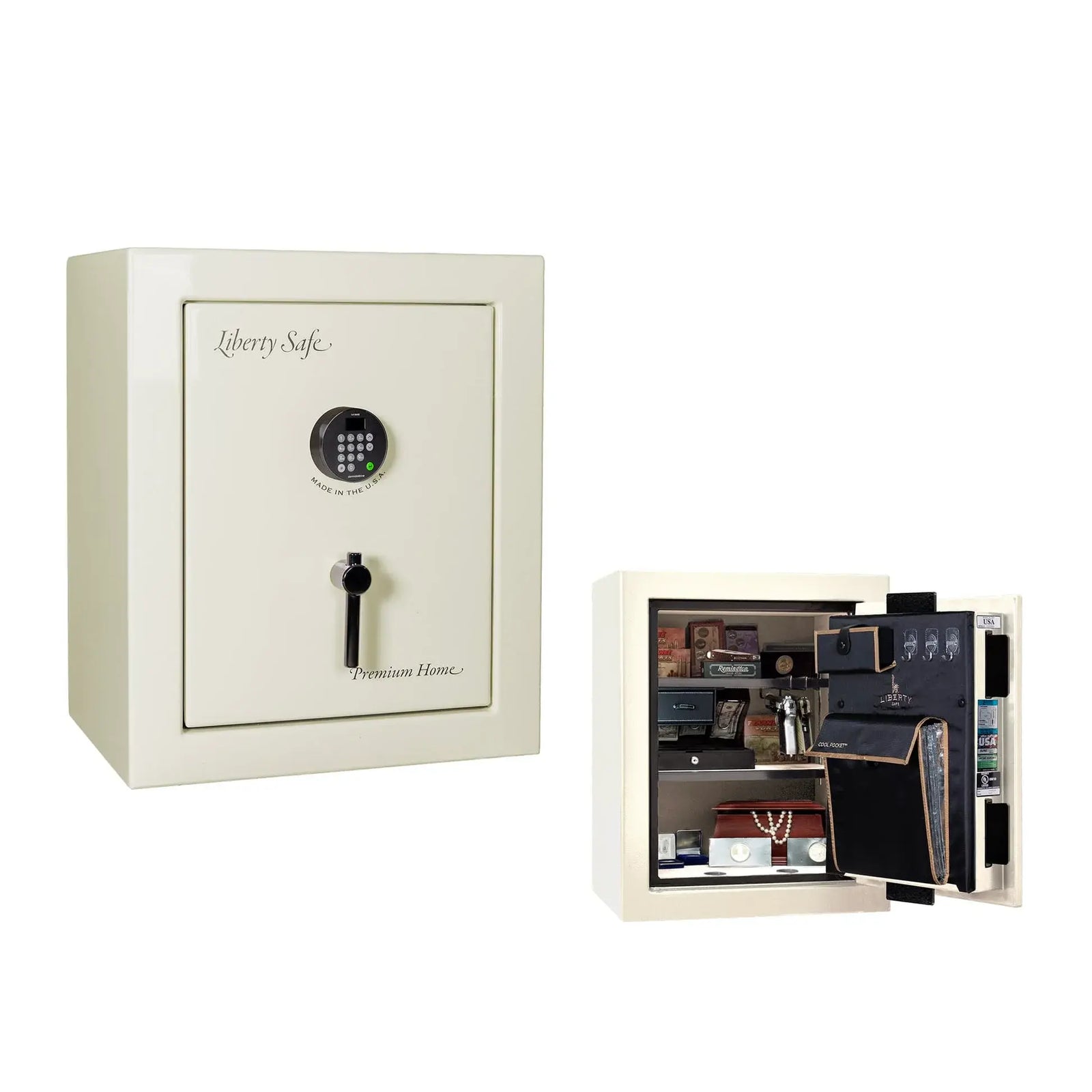 Liberty Premium Home 08 safe in White Marble with Black Chrome hardware and Dormakaba 702D electronic lock.