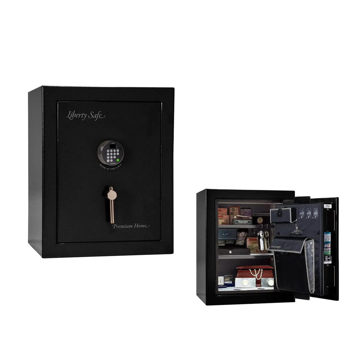 Liberty Premium Home 08 safe in Black Gloss with Black Chrome hardware and Dormakaba 702D electronic lock.