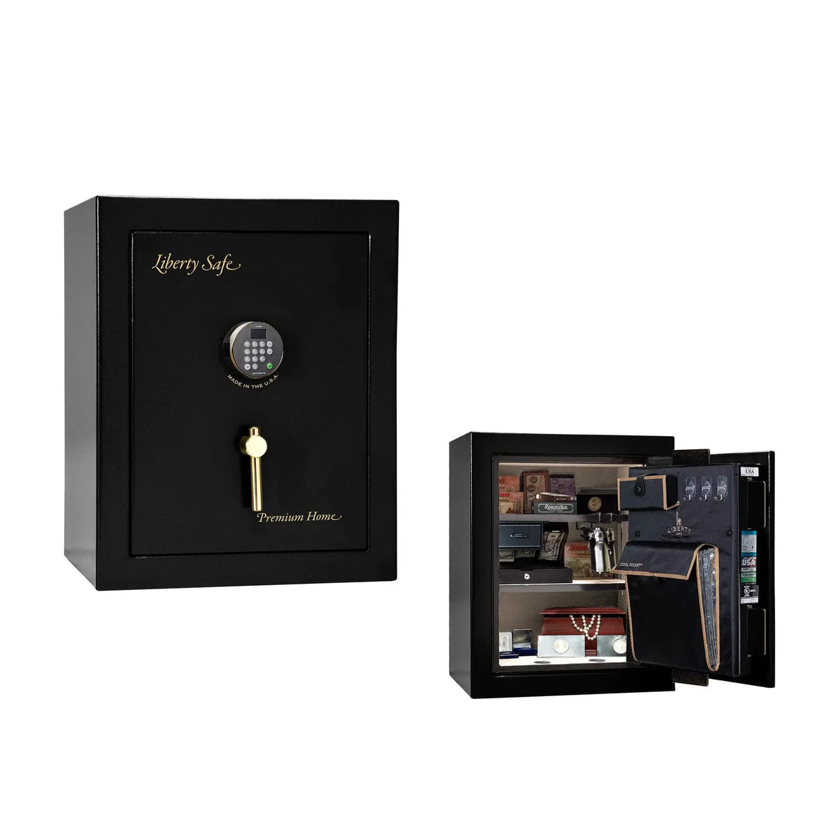 Liberty Premium Home 08 safe in Black Gloss with Brass hardware and Dormakaba 702D electronic lock.