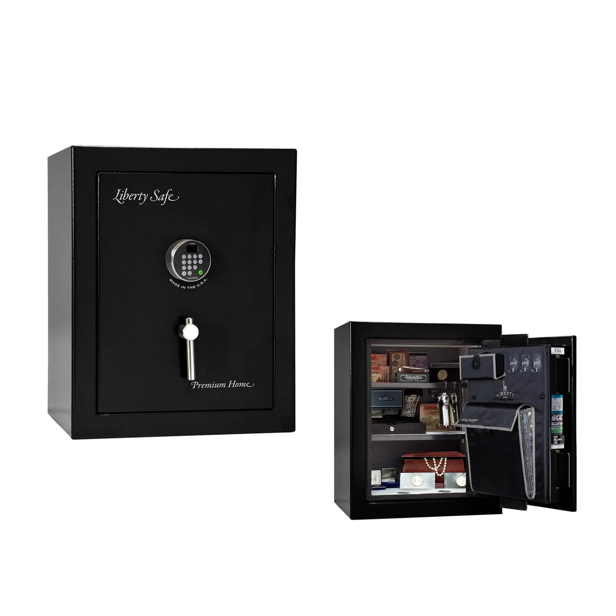 Liberty Premium Home 08 safe in Black Gloss with Chrome hardware and Dormakaba 702D electronic lock.