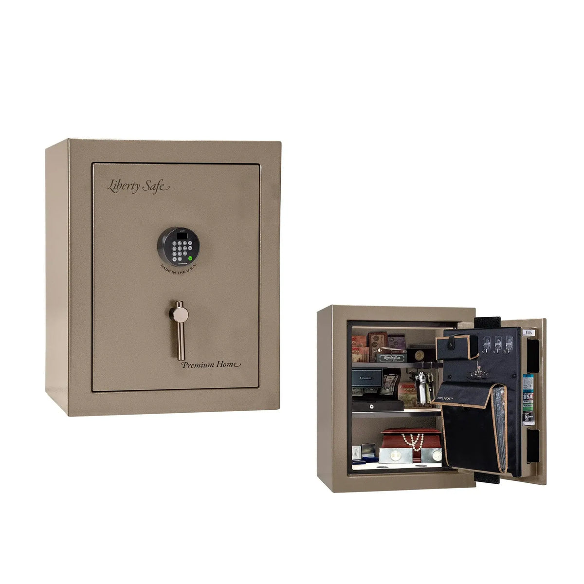 Liberty Premium Home 08 safe in Champagne Marble with Black Chrome hardware and Dormakaba 702D electronic lock.