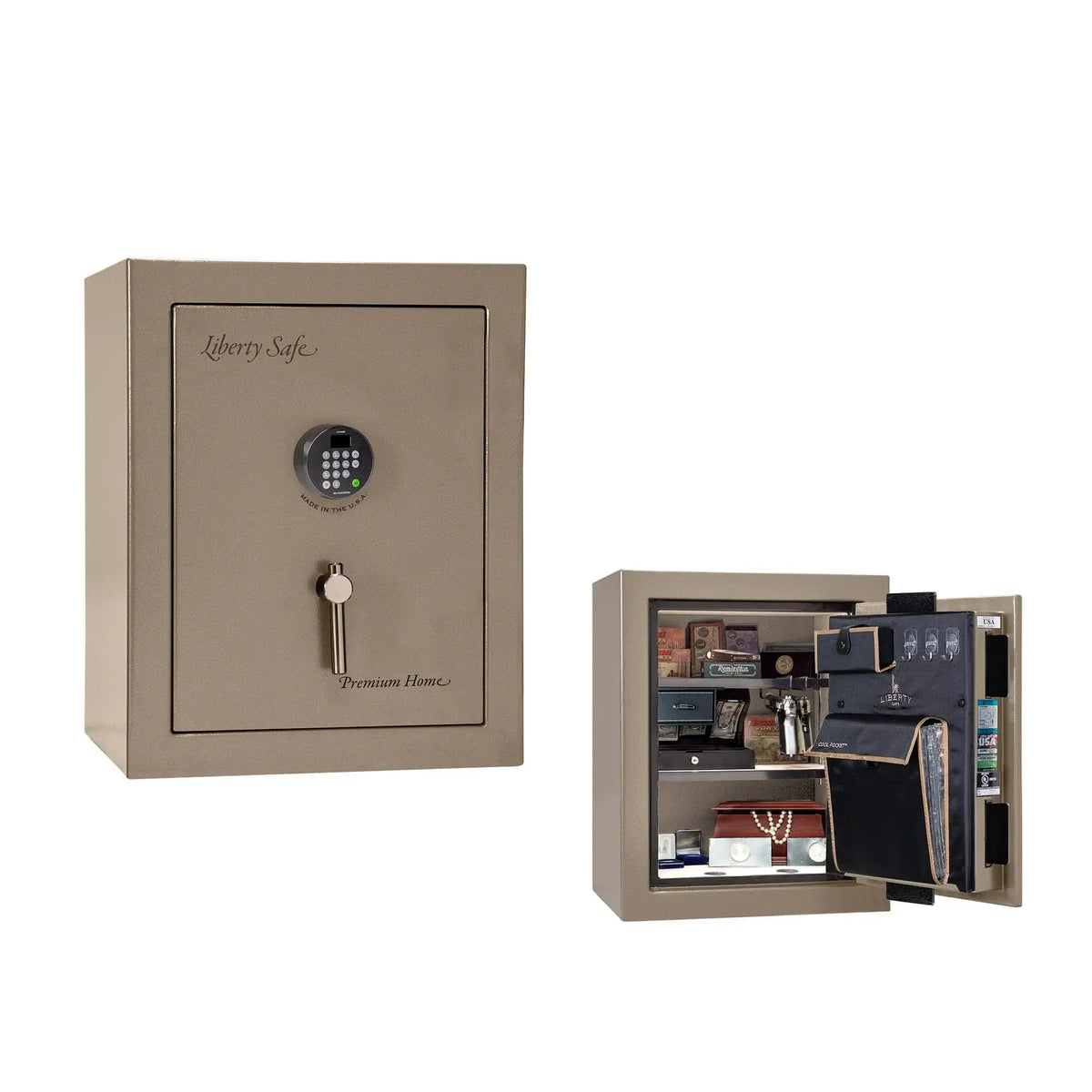 Liberty Premium Home 08 safe in Champagne Gloss with Black Chrome hardware and Dormakaba 702D electronic lock.