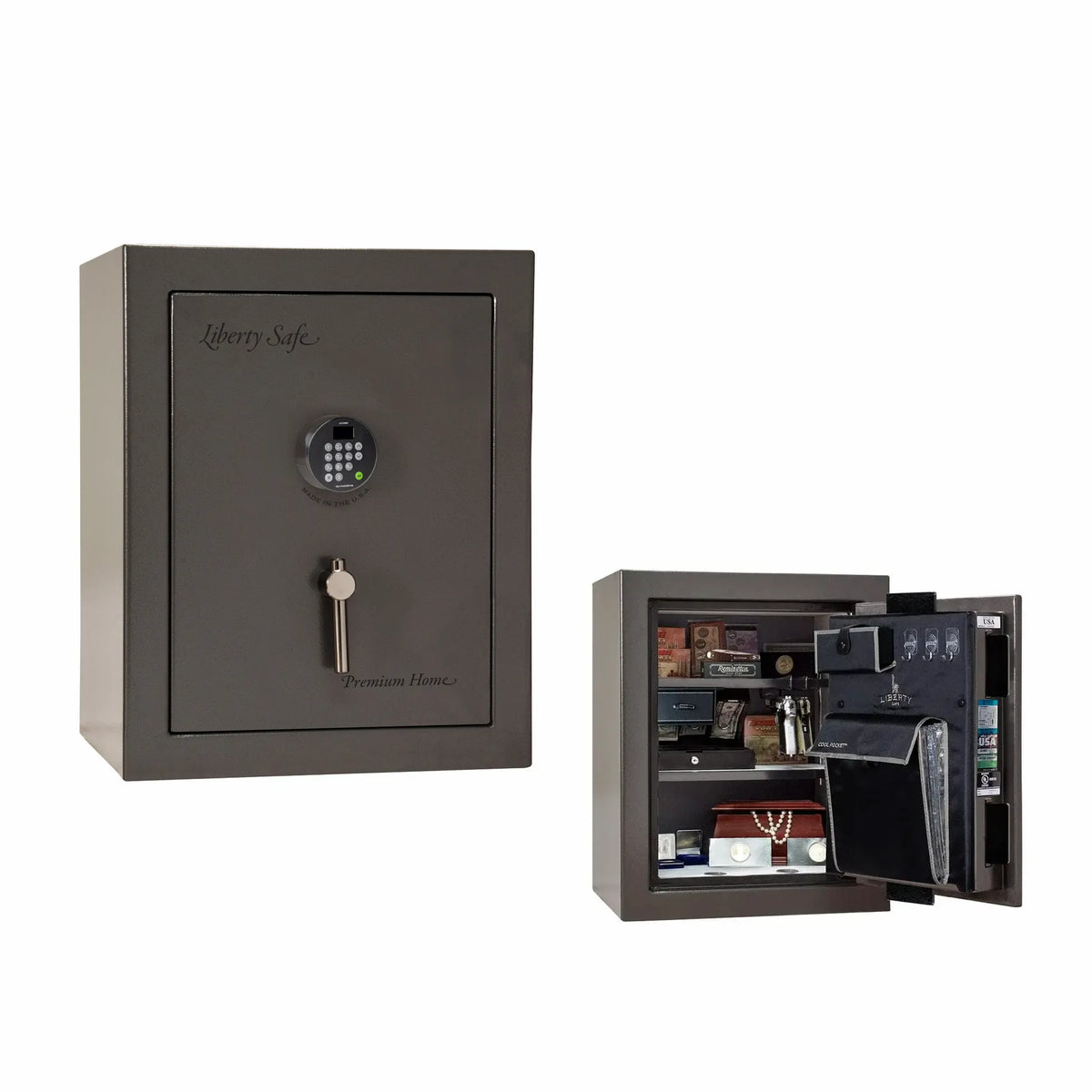 Liberty Premium Home 08 safe in Gray Marble with Black Chrome hardware and Dormakaba 702D electronic lock.