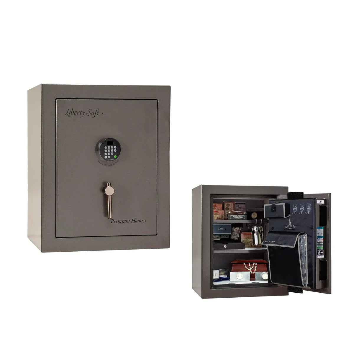 Liberty Premium Home 08 safe in Gray Gloss with Black Chrome hardware and Dormakaba 702D electronic lock.