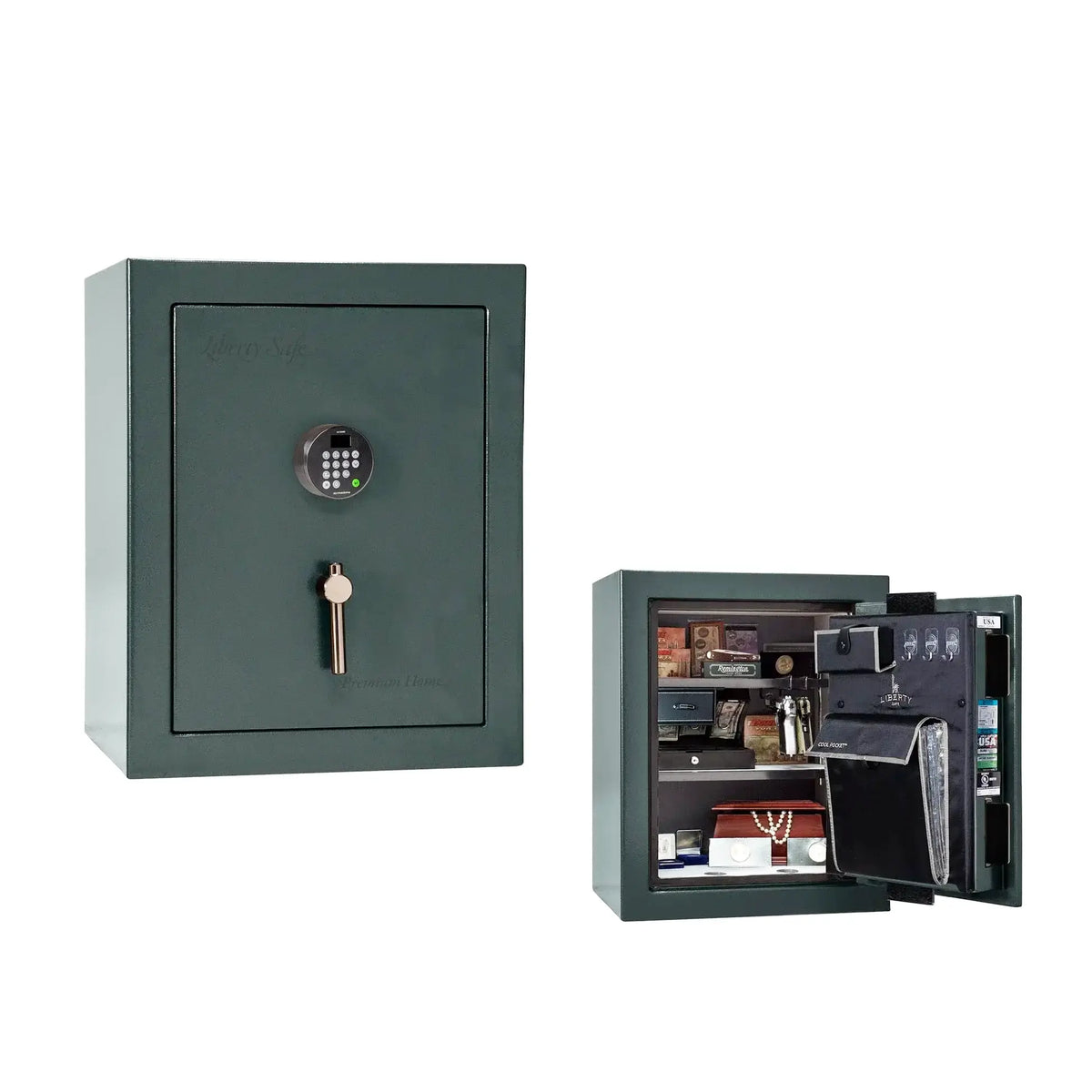 Liberty Premium Home 08 safe in Forest Mist Gloss with Black Chrome hardware and Dormakaba 702D electronic lock.