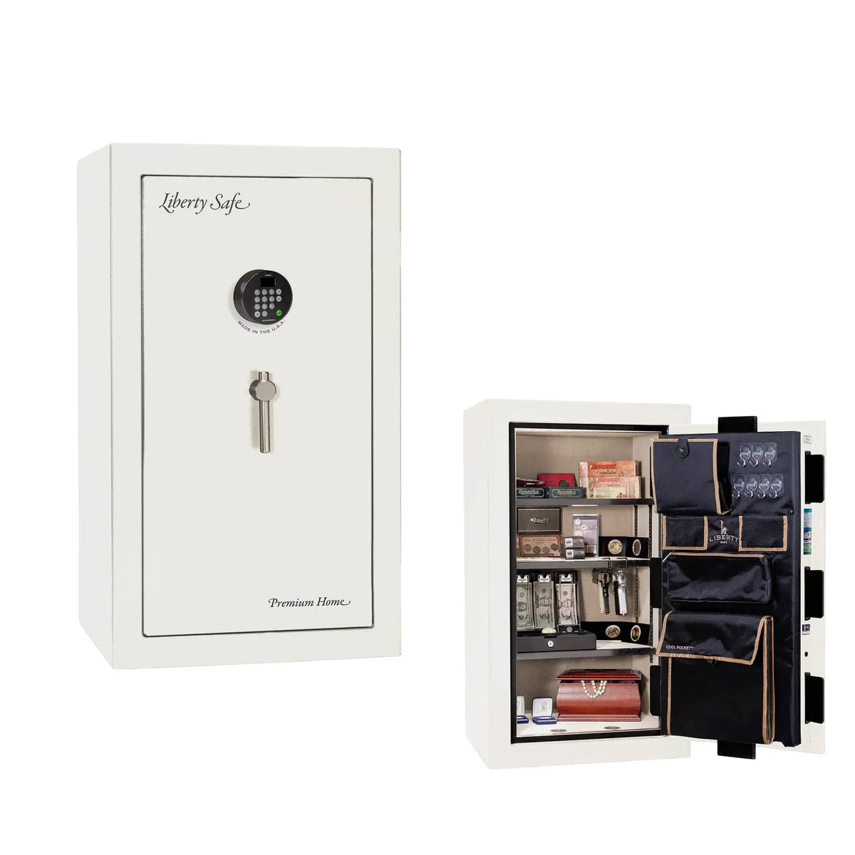 Liberty Premium Home 12 safe in White Marble with Black Chrome hardware and Dormakaba 702D electronic lock.