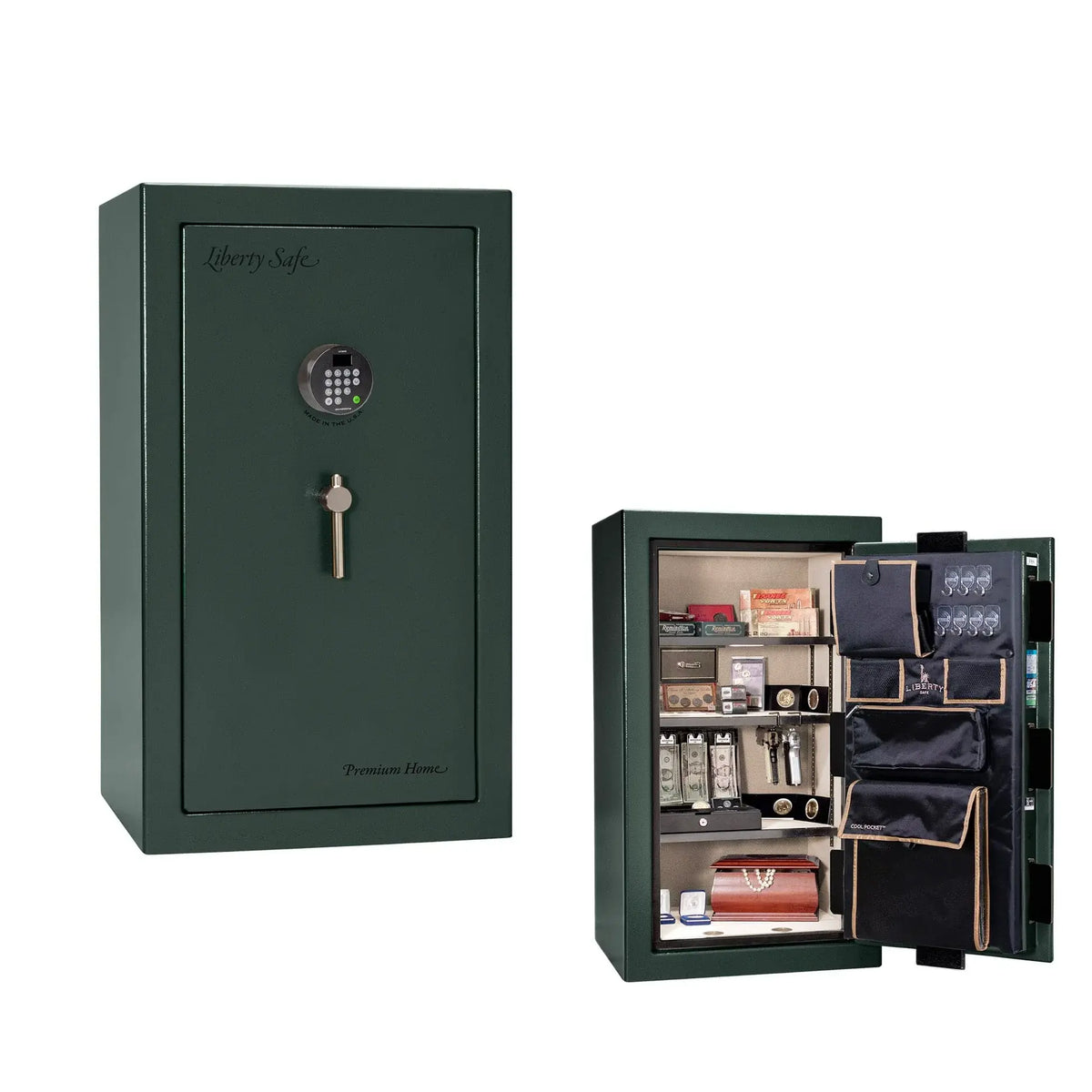 Liberty Premium Home 12 safe in Green Marble with Black Chrome hardware and Dormakaba 702D electronic lock.