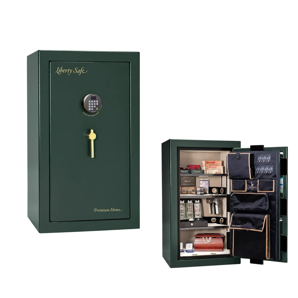 Liberty Premium Home 12 safe in Green Gloss with Brass hardware and Dormakaba 702D electronic lock.