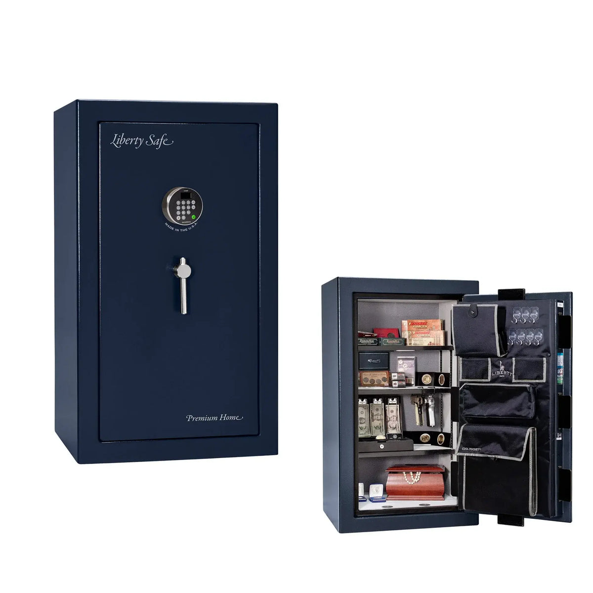 Liberty Premium Home 12 safe in Blue Gloss with Chrome hardware and Dormakaba 702D electronic lock.