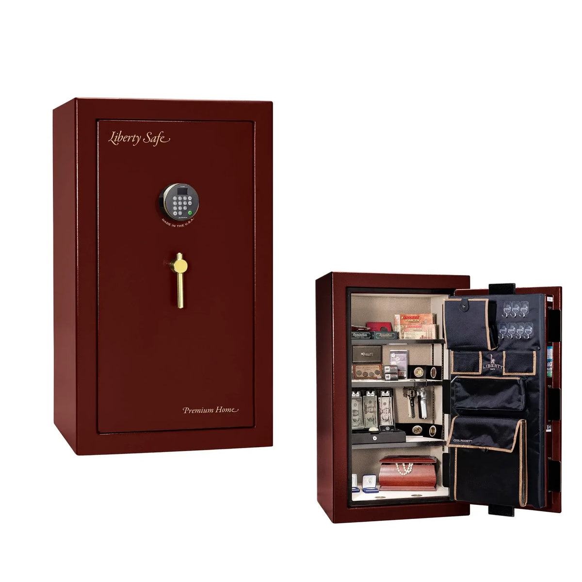 Liberty Premium Home 12 safe in Burgundy Marble with Brass hardware and Dormakaba 702D electronic lock.