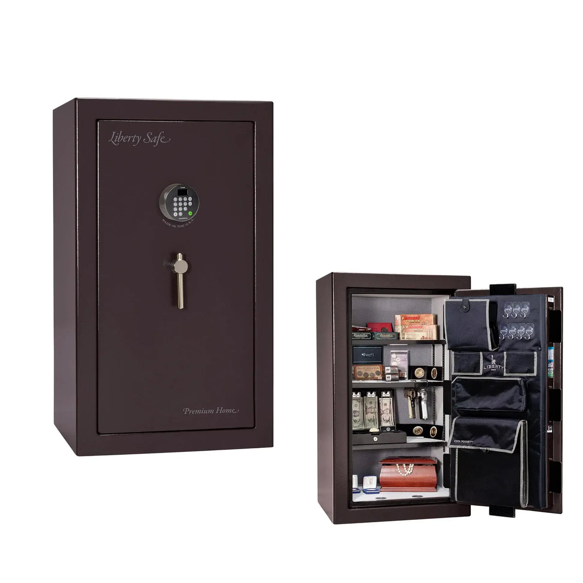 Liberty Premium Home 12 safe in Black Cherry Gloss with Black Chrome hardware and Dormakaba 702D electronic lock.