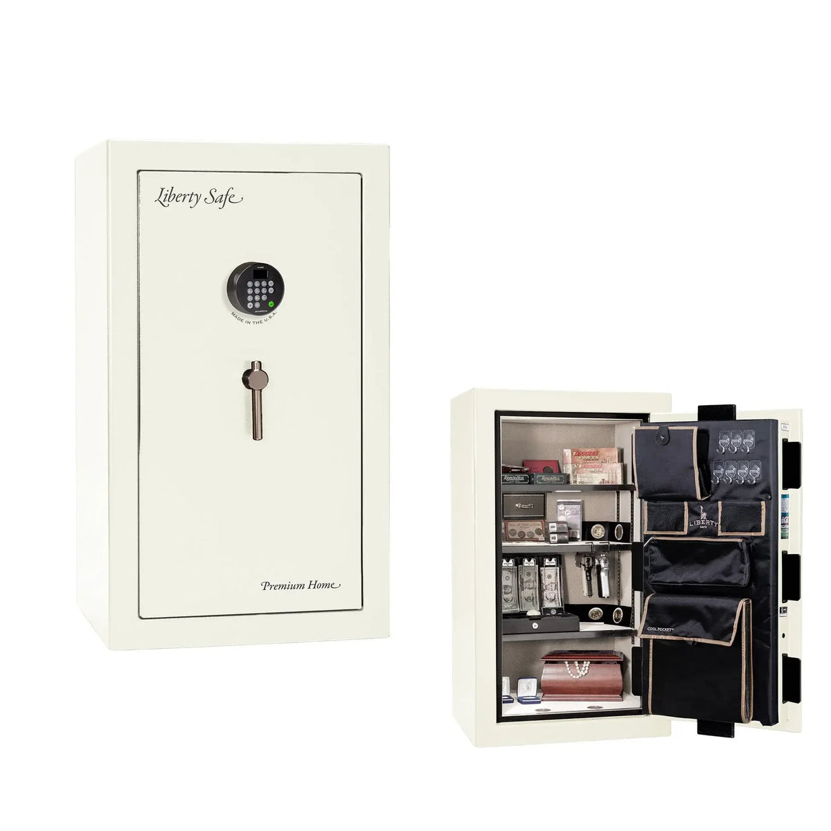 Liberty Premium Home 12 safe in White Gloss with Black Chrome hardware and Dormakaba 702D electronic lock.