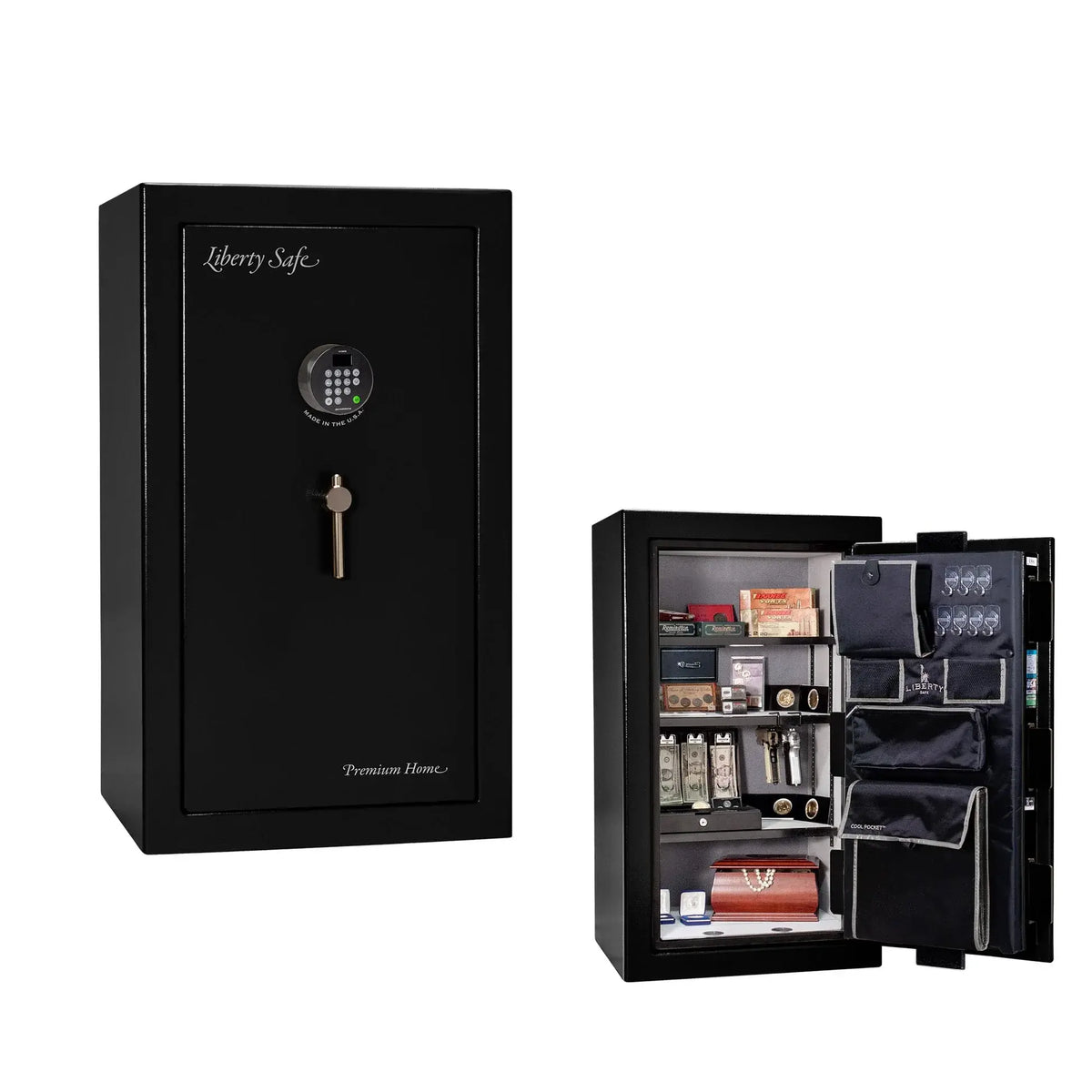 Liberty Premium Home 12 safe in Black Gloss with Black Chrome hardware and Dormakaba 702D electronic lock.