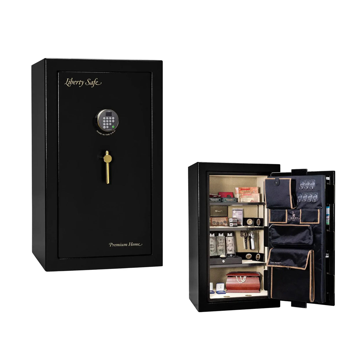 Liberty Premium Home 12 safe in Black Gloss with Brass hardware and Dormakaba 702D electronic lock.