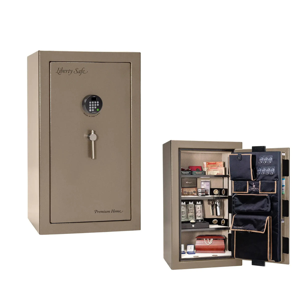 Liberty Premium Home 12 safe in Champagne Marble with Black Chrome hardware and Dormakaba 702D electronic lock.