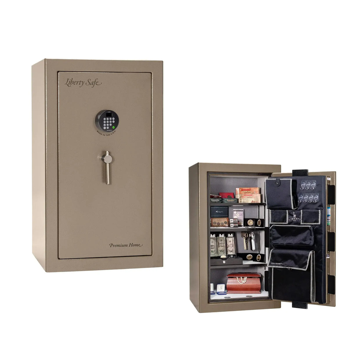 Liberty Premium Home 12 safe in Champagne Gloss with Black Chrome hardware and Dormakaba 702D electronic lock.