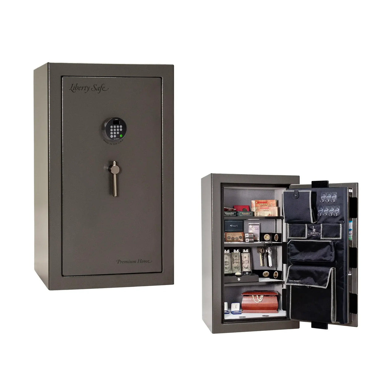 Liberty Premium Home 12 safe in Gray Marble with Black Chrome hardware and Dormakaba 702D electronic lock.