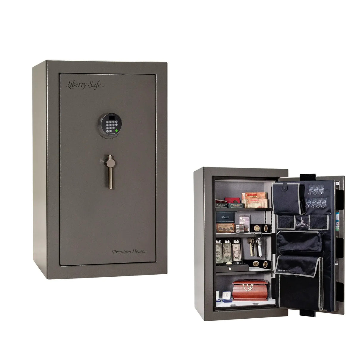 Liberty Premium Home 12 safe in Gray Gloss with Black Chrome hardware and Dormakaba 702D electronic lock.