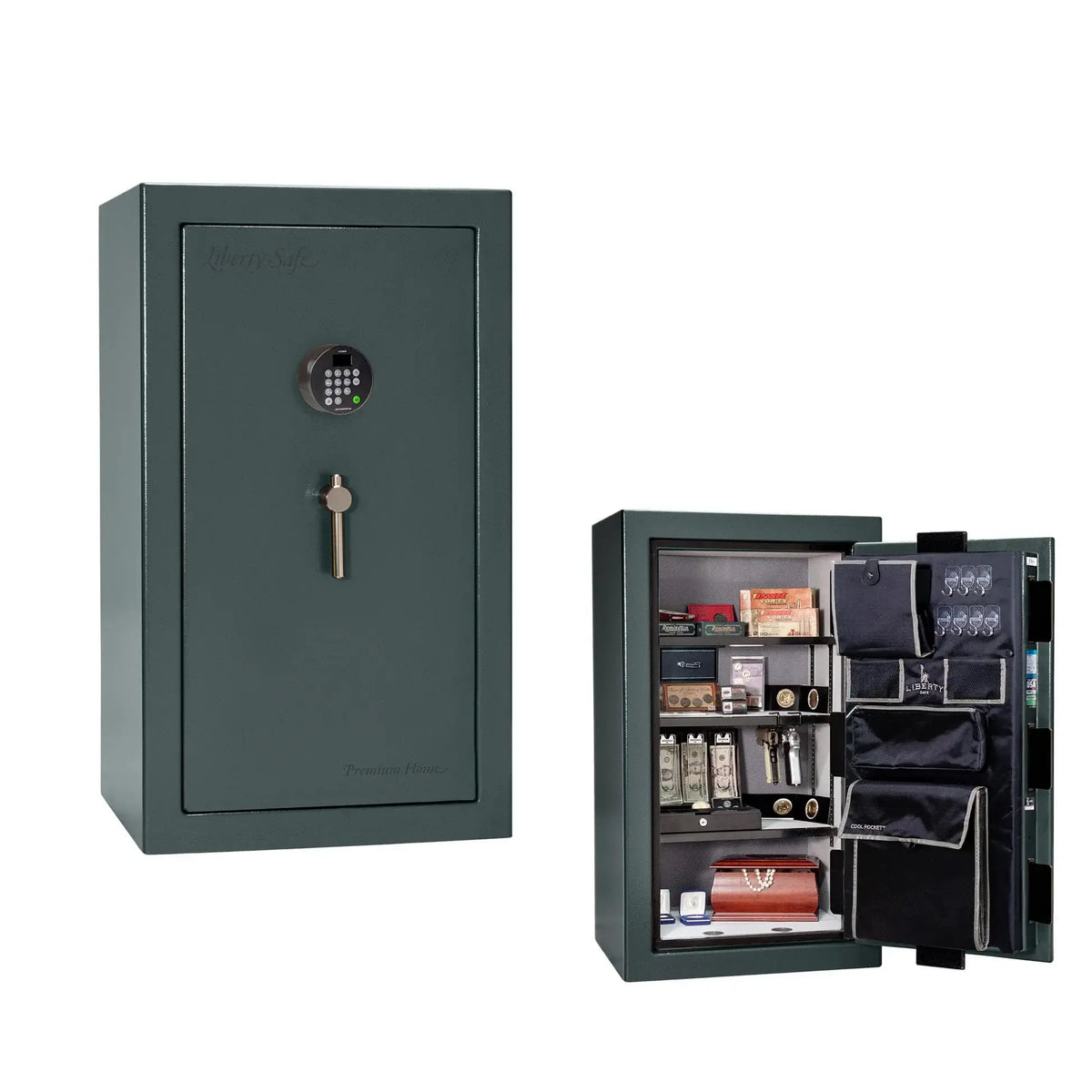 Liberty Premium Home 12 safe in Forest Mist Gloss with Black Chrome hardware and Dormakaba 702D electronic lock.