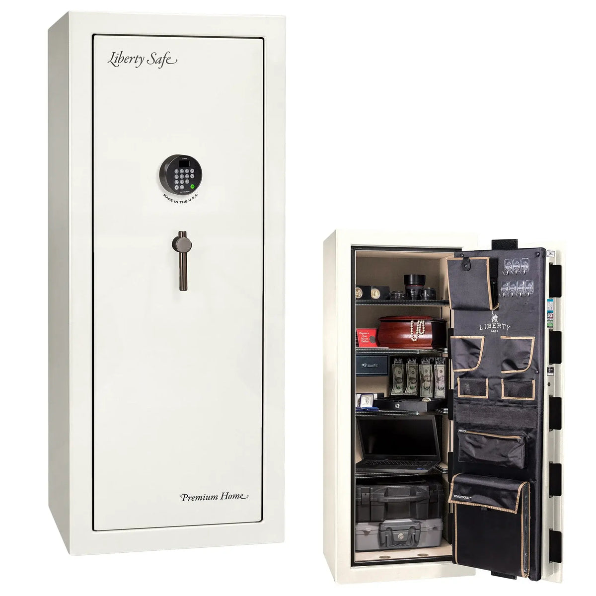 Liberty Premium Home 17 safe in White Marble with Black Chrome hardware and Dormakaba 702D electronic lock.
