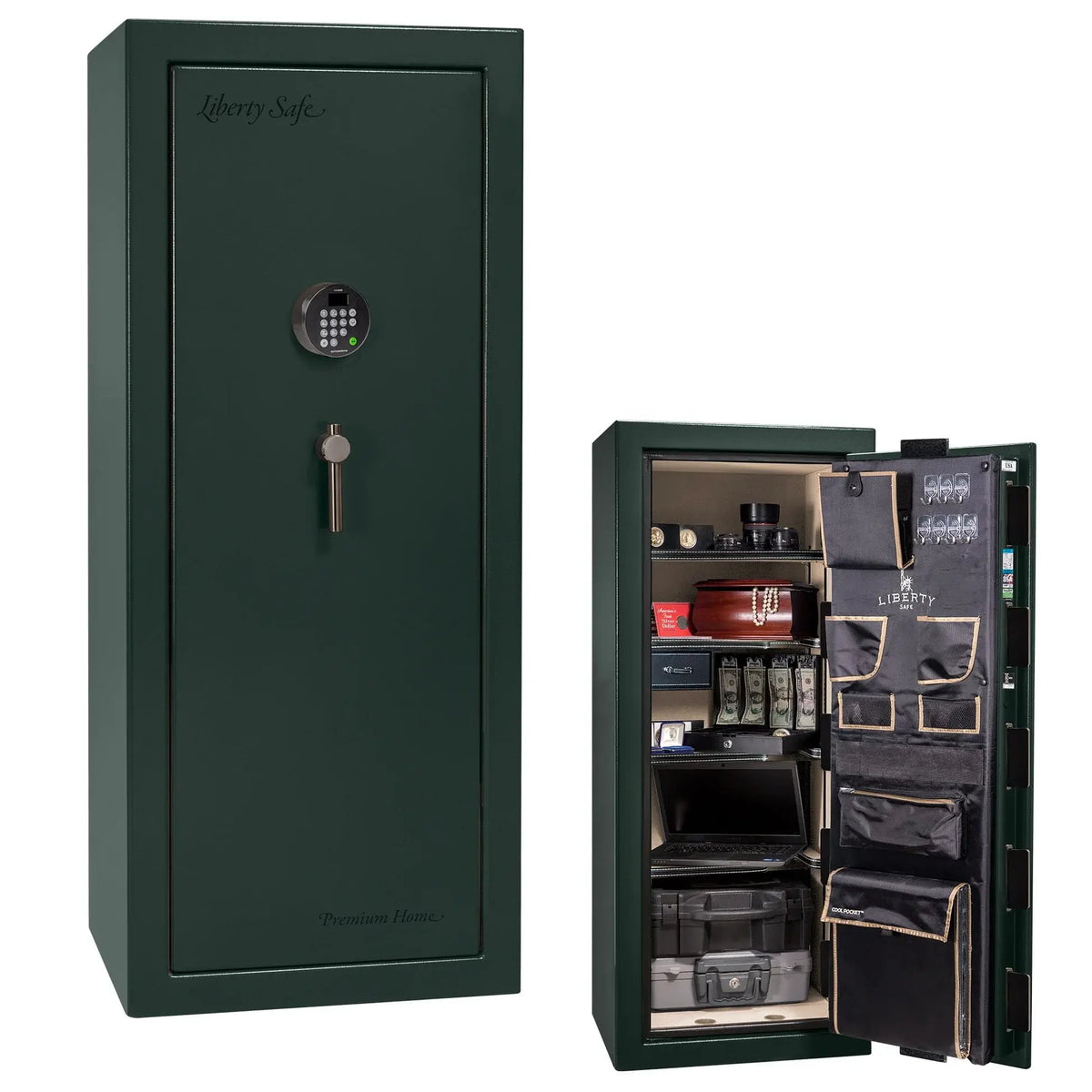 Liberty Premium Home 17 safe in Green Marble with Black Chrome hardware and Dormakaba 702D electronic lock.
