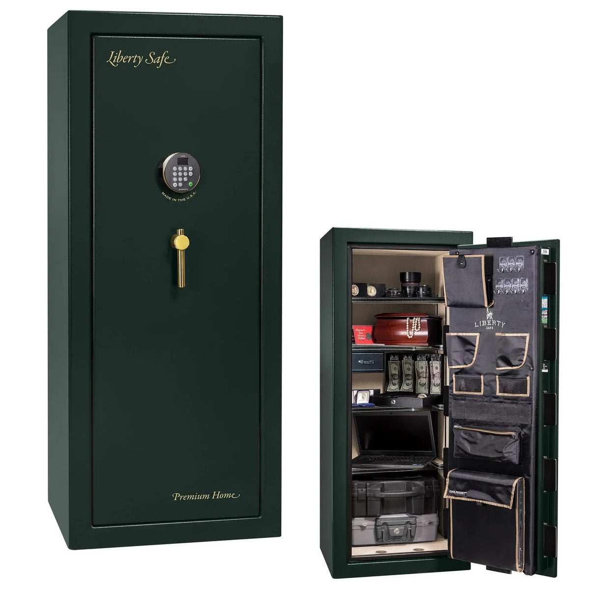 Liberty Premium Home 17 safe in Green Marble with Brass hardware and Dormakaba 702D electronic lock.