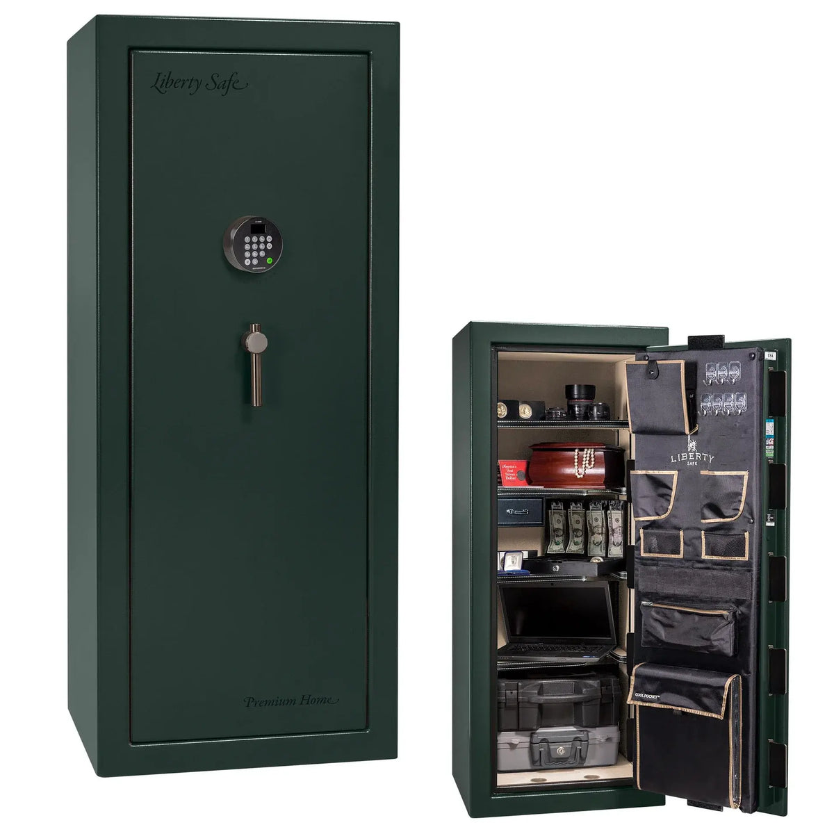 Liberty Premium Home 17 safe in Green Gloss with Black Chrome hardware and Dormakaba 702D electronic lock.